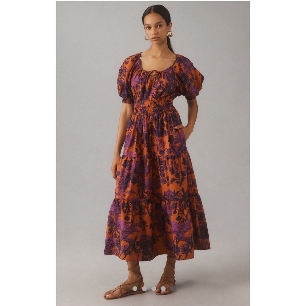 Anthropologie Somerset Puff-Sleeve Maxi Dress Purple Orange‎ Floral XS